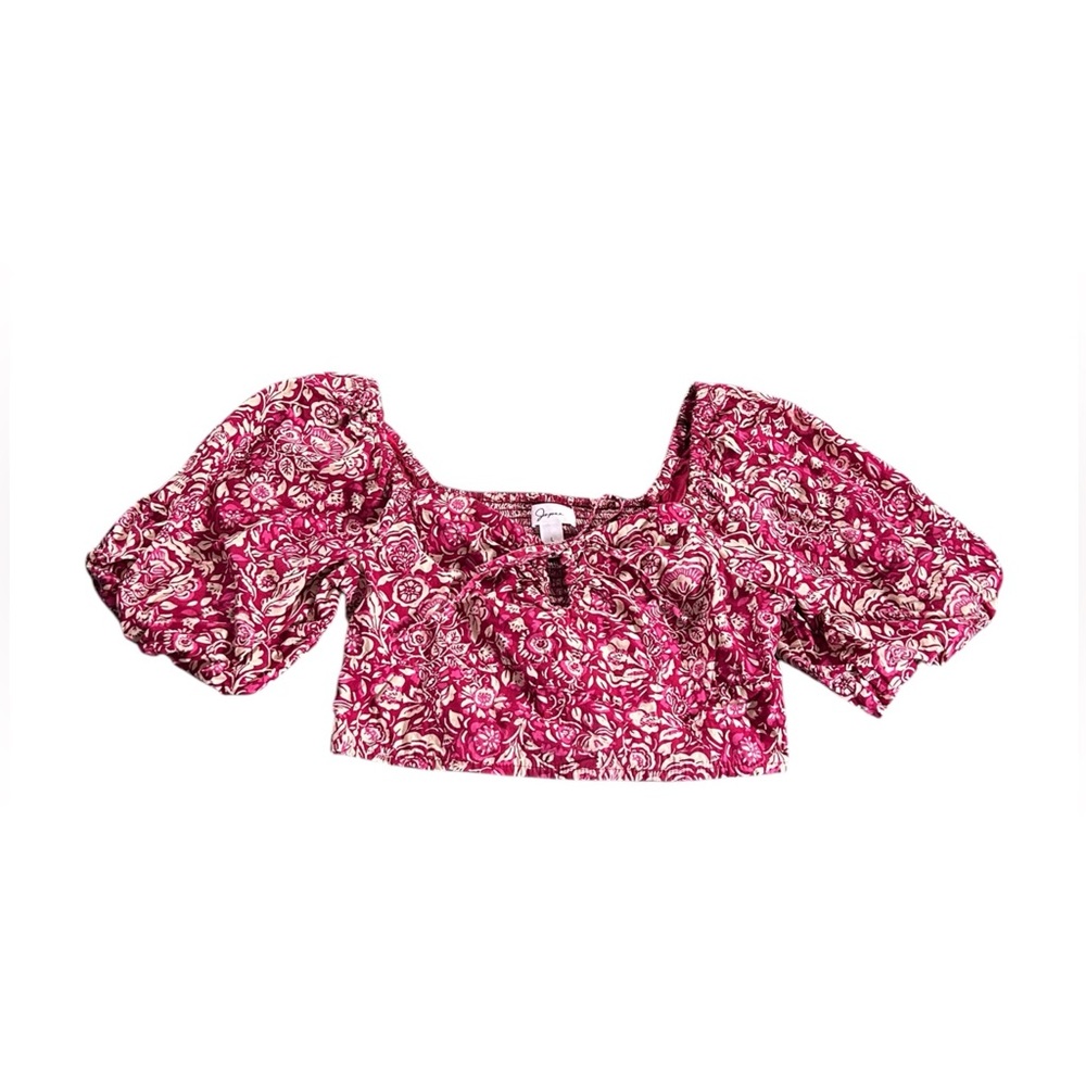 Japna Floral Puff Sleeve Keyhole Tie Smocked Crop Top Cotton Festival Boho Large
